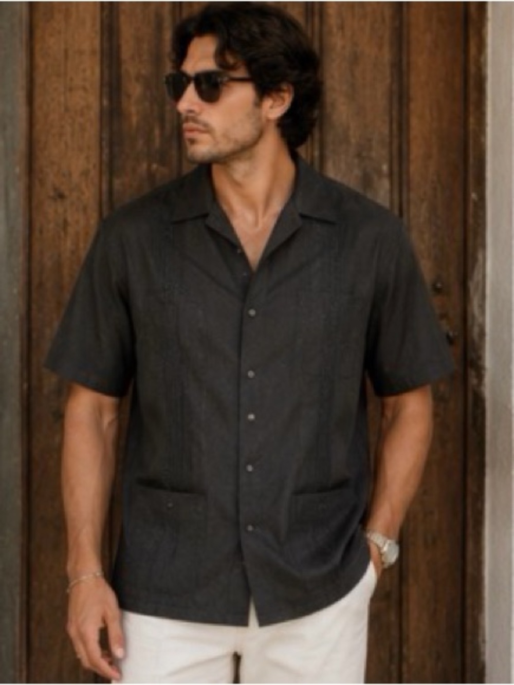 Men's Short Sleeve Casual Button-Down Shirt in Charcoal